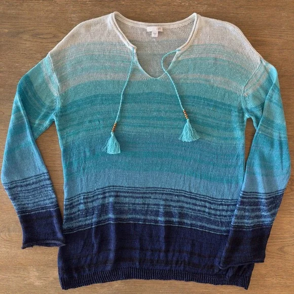 J.JILL 100% Linen‎ Open Knit Blue/Aqua Ombre Tunic-V-neck Tassels-Size M - Picture 2 of 16